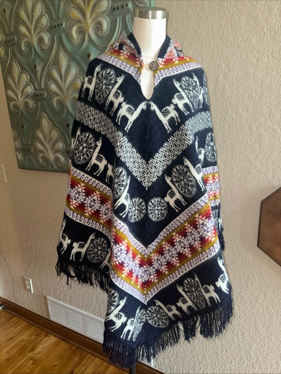 Unbranded Sweaters - Hooded Llama Alpaca Print Poncho Cape Fringe Southwestern Boho One Size